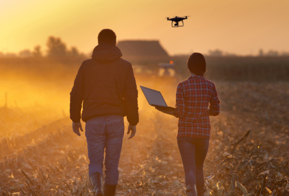 Two farmers in a paddock at sunset using a laptop while a drone flies overhead.