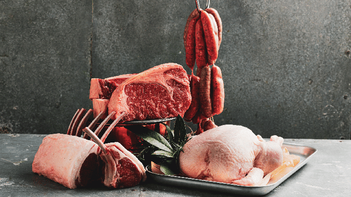 Cuts of beef, lamb racks, sausages, and whole chicken displayed in the Sydney Royal Fine Food Show - Branded Meat Competition.