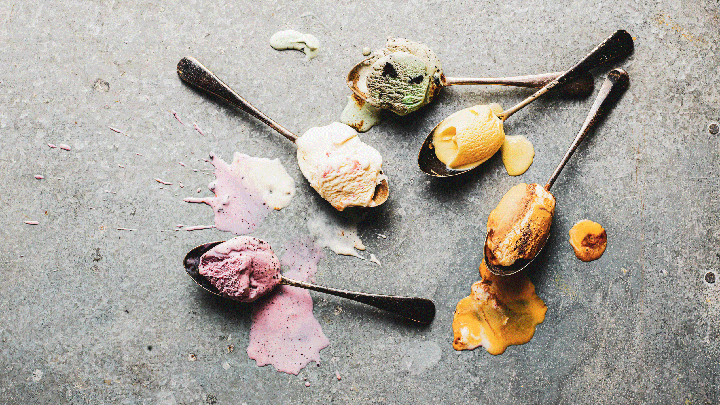 Spoons with colourful scoops of melting ice cream for the Sydney Royal Cheese & Dairy Produce Show.