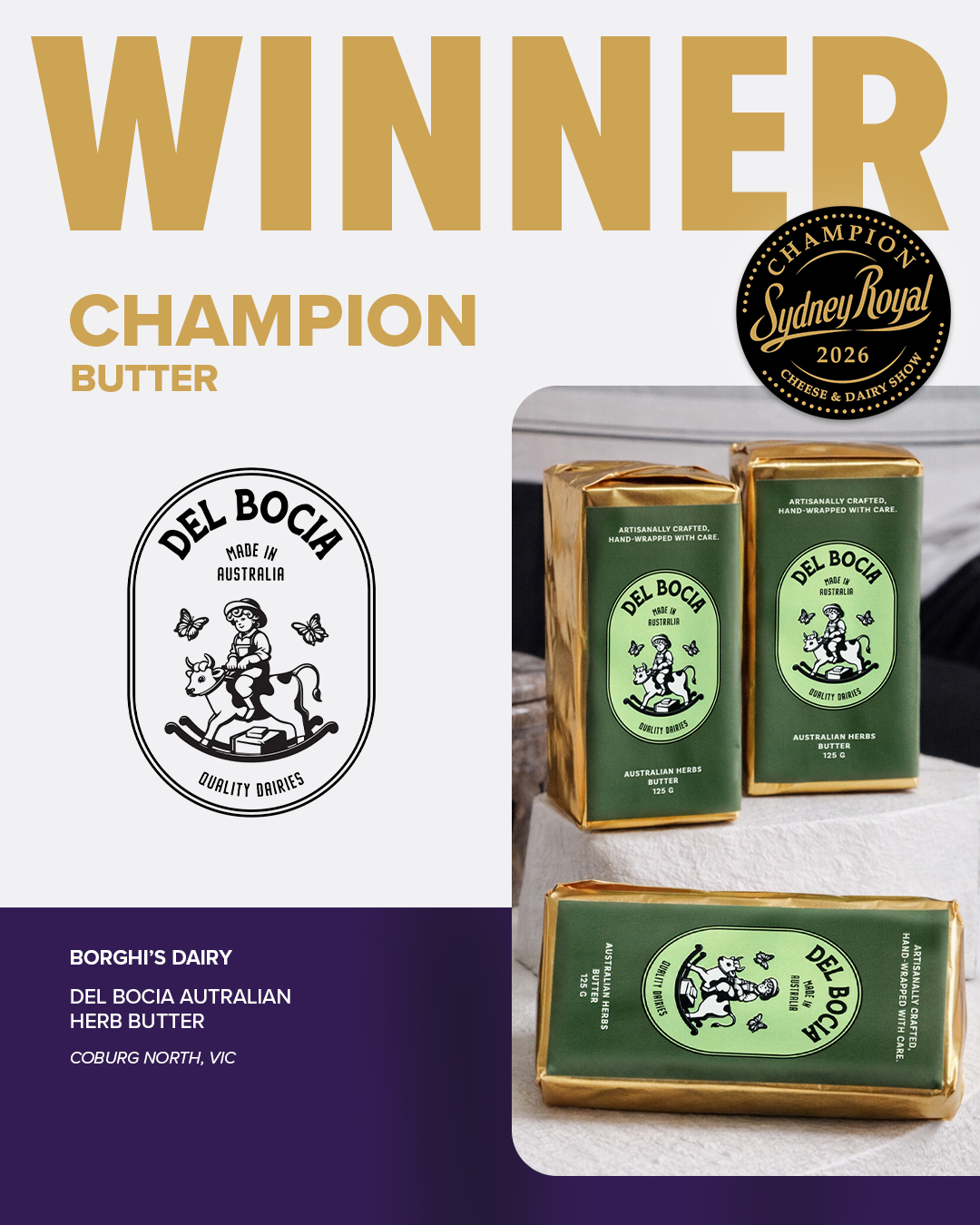 Del Bocia Australian Herb Butter by Borghi&rsquo;s Dairy, Champion Butter at the 2026 Sydney Royal Cheese and Dairy Produce Show