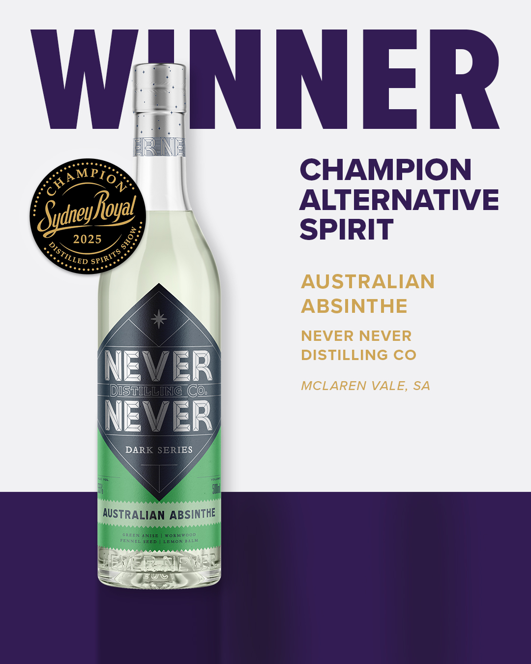 Tall clear glass bottle with silver cap and green label, awarded 2025 Sydney Royal Distilled Spirits Champion Alternative Spirit.
