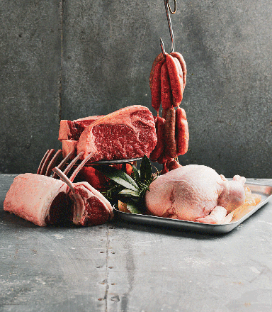 Cuts of beef, lamb racks, sausages, and whole chicken displayed in the Sydney Royal Fine Food Show - Branded Meat Competition.