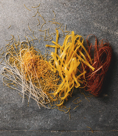 Four varieties of uncooked pasta displayed at the Sydney Royal Fine Food Show's Pasta Competition.